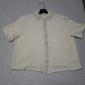 Linea Moda Italy Beige Button Down Knit Shirt L Glitter Thread Short Sleeve